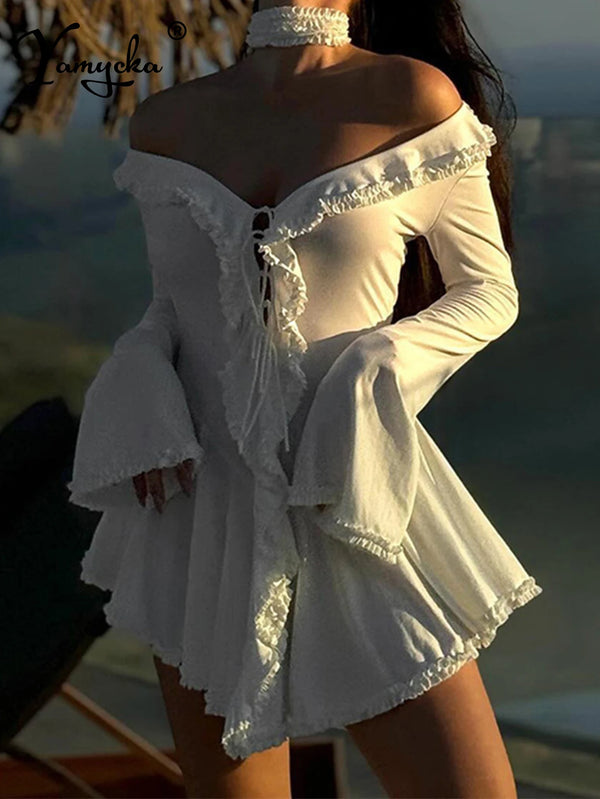 Ondine Ruffled Backless Long-Sleeve Mini Dress