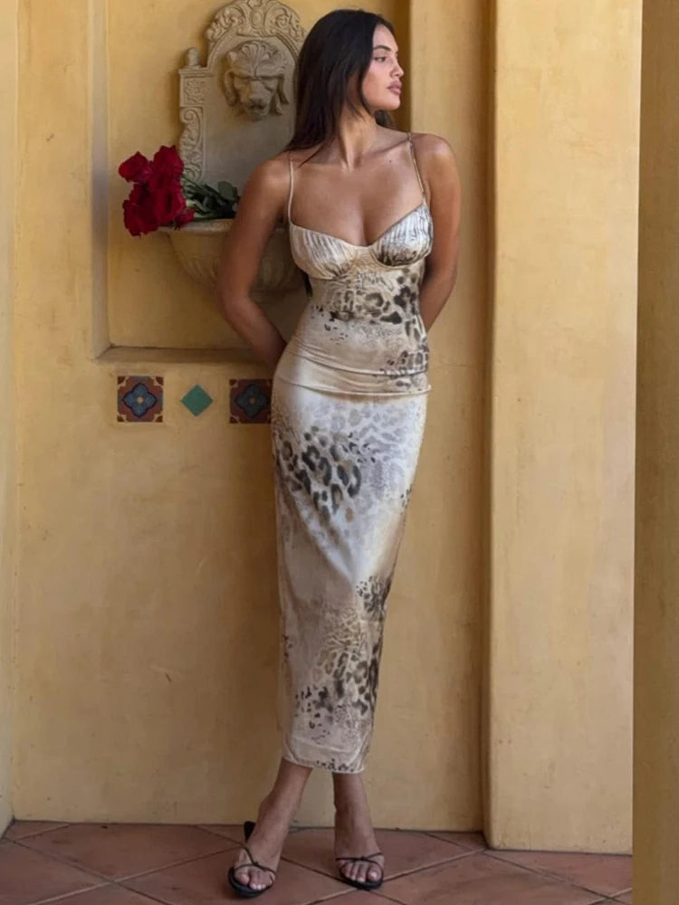 Kliou Leopard Print Sling Dress Woman Summer Trend Low-Neck Backless Sleeveless High Waist Robe Evening Party Wild Long Bodycon