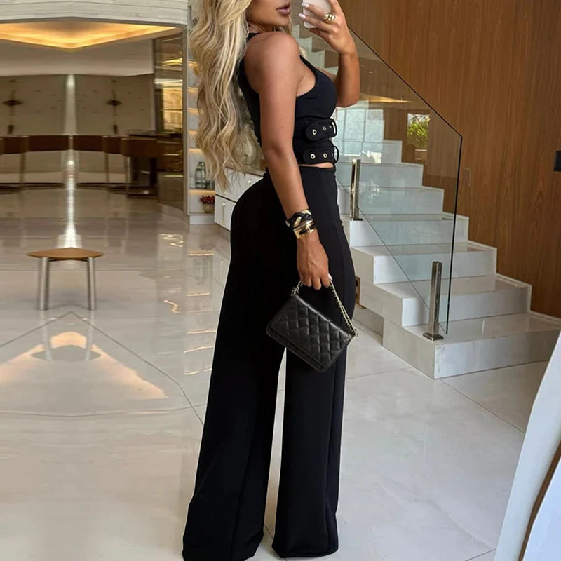 Camilla Cutout Buckle-Belt V-Neck Sleeveless Top & Wide-Leg Pants Two-piece