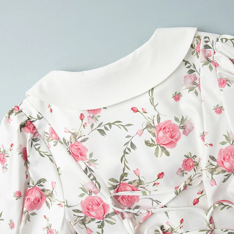 Gisella Floral Collared Puff-Sleeve Pearl-Button Ruffle Mini Dress
