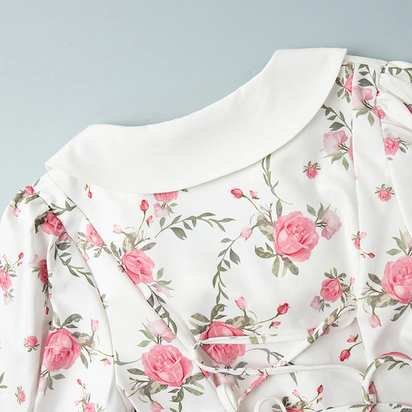 Gisella Floral Collared Puff-Sleeve Pearl-Button Ruffle Mini Dress