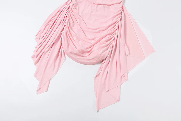 Kliou Mesh Patchwork Pink Dress Woman Summer Trend Low-Neck Backless Ruffles Tassel Skinny Wrap Hip Ruched Elegant Mini Bodycon