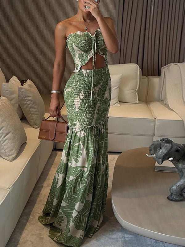 Isla Tropical Palm Cutout Ruffle Maxi Dress