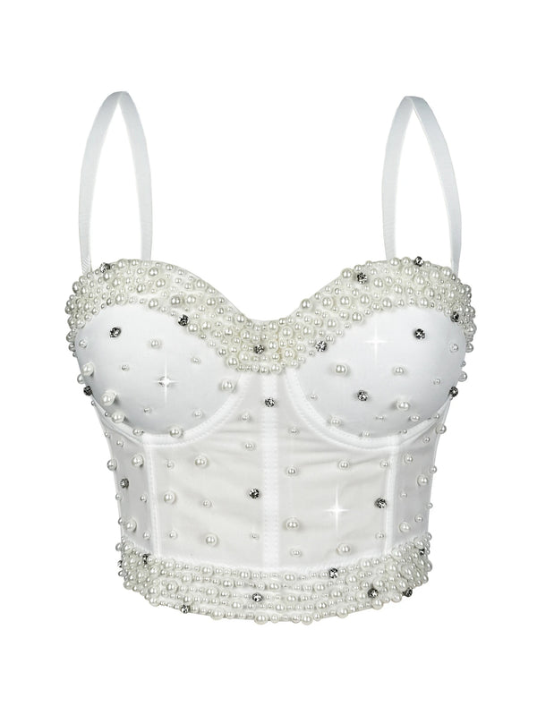 Sexy pearl rhinestone corset crop top women summer club party tops for woman clothes cropped halter tank top hotwife streetwear