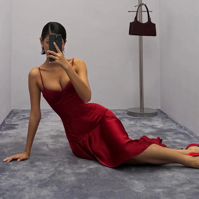 Delphinia Satin Corset Cami Asymmetric Slit Midi Dress
