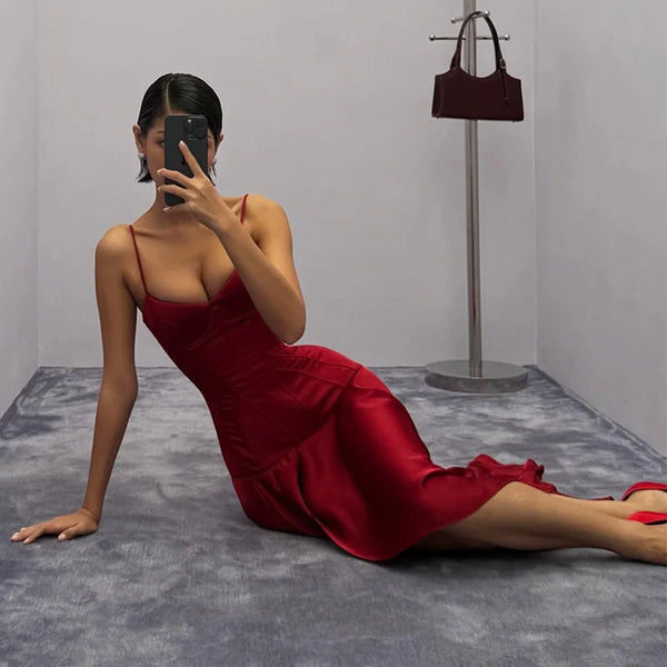 Delphinia Satin Corset Cami Asymmetric Slit Midi Dress