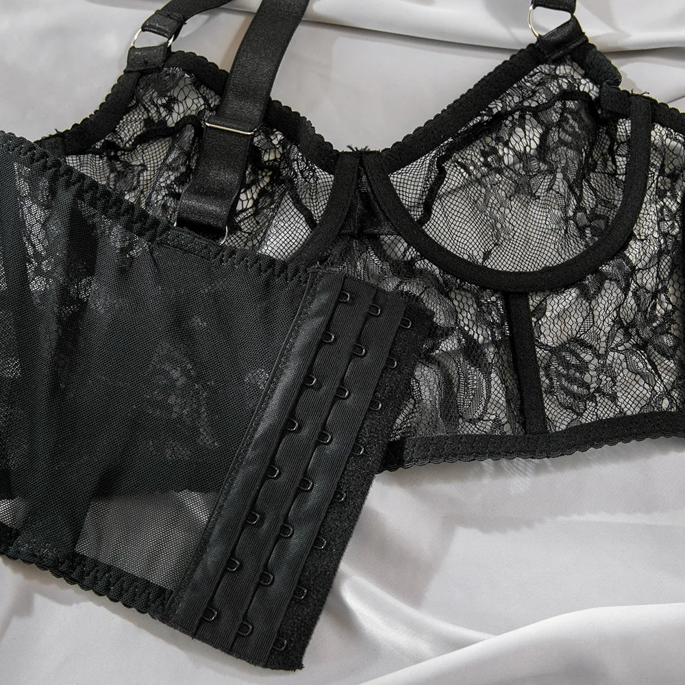 Severine Lace Longline Bra & Buckle-Strap Mini Skirt Lingerie Set