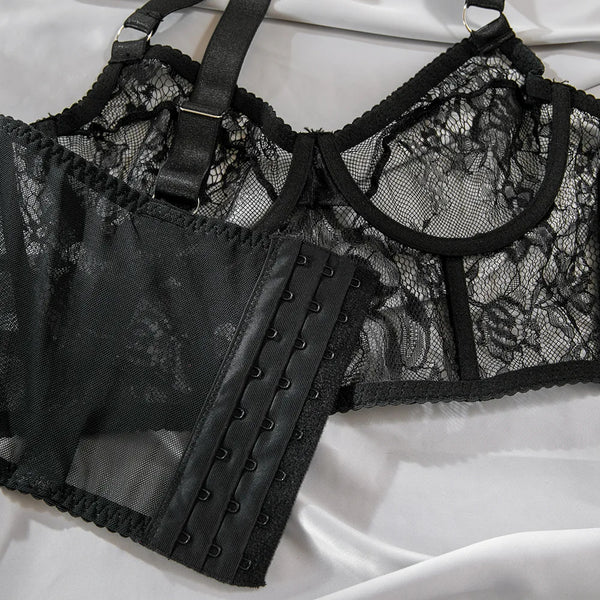 Severine Lace Longline Bra & Buckle-Strap Mini Skirt Lingerie Set