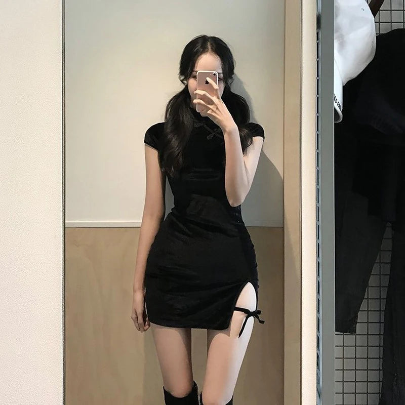 Maribel Black Button-Front High-Neck Mini Dress