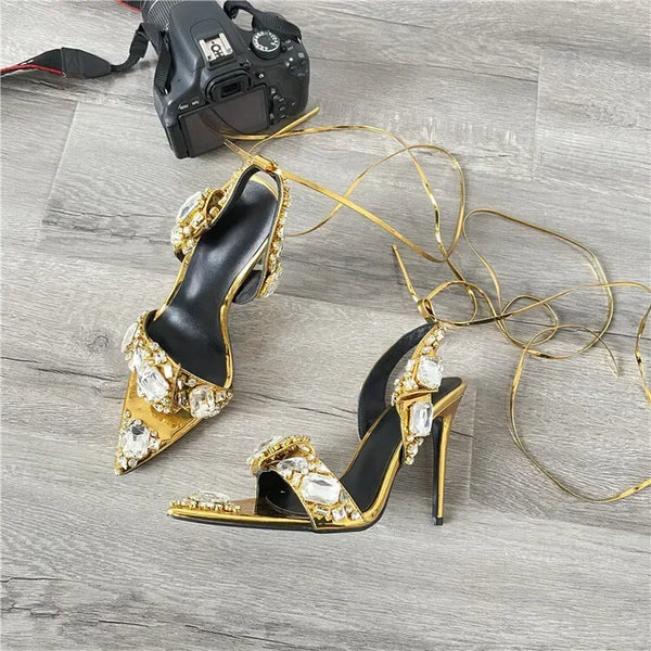 Jolie Rhinestone Lace-Up Stiletto Sandals