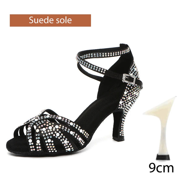 DKZSYIM Rhinestone Latin Dance Shoes Female Latin Salsa Girl Casual Shoes Black Bronze Skin Shiny Ballroom Dance Shoes Sandals