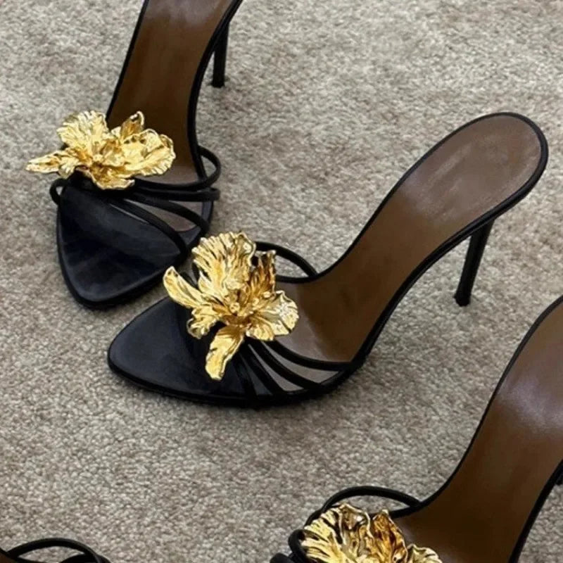 Rosette Metal-Flower Stiletto Sandals