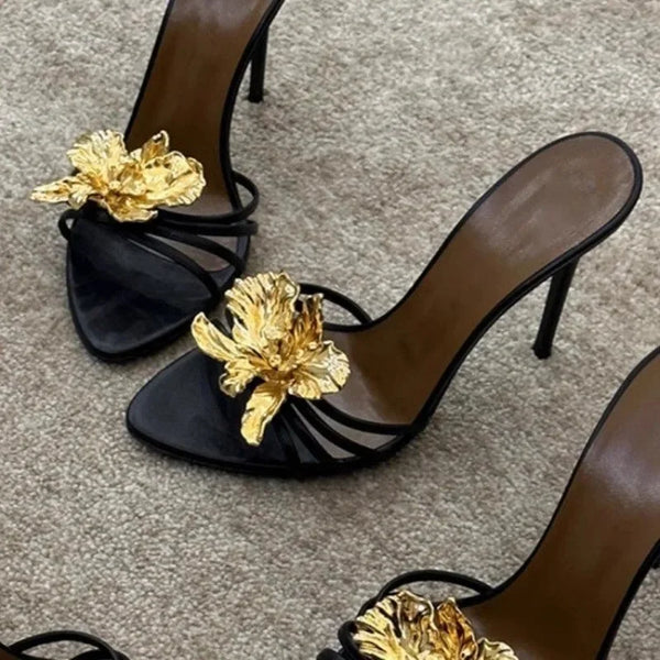 Rosette Metal-Flower Stiletto Sandals