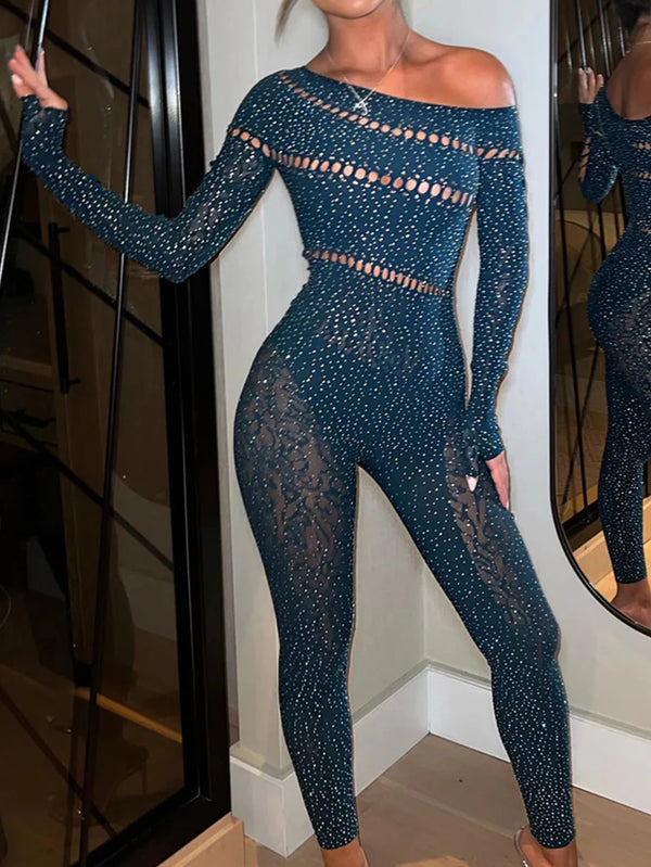Domenica Rhinestone Hollow-Out Long-Sleeve Bodycon Jumpsuit One-piece