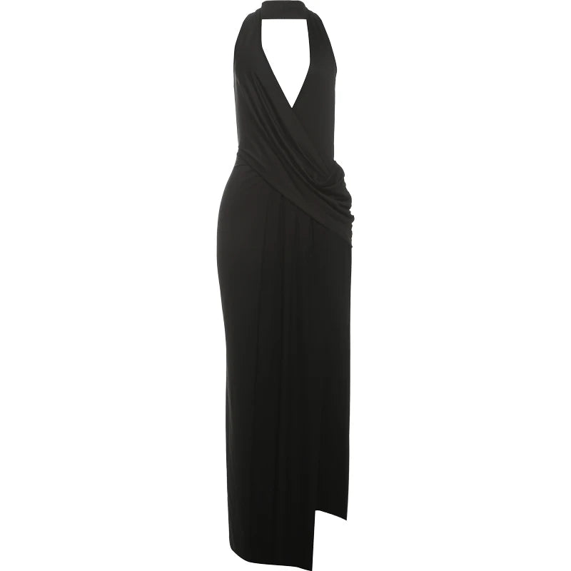 Annalisa Plunge Halter Ruched Backless High-Slit Maxi Dress