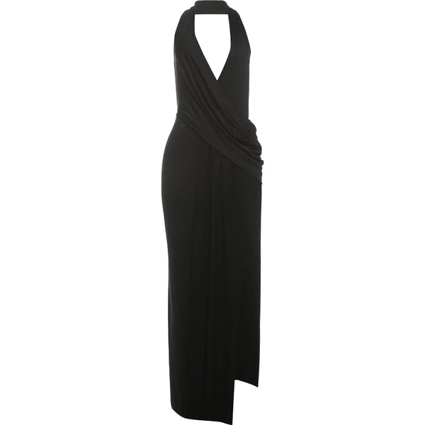 Annalisa Plunge Halter Ruched Backless High-Slit Maxi Dress