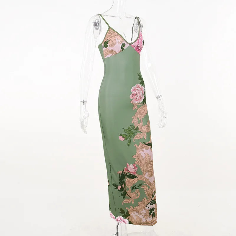 Adalgisa Floral Print V-Neck Cami Backless Bodycon Maxi Dress