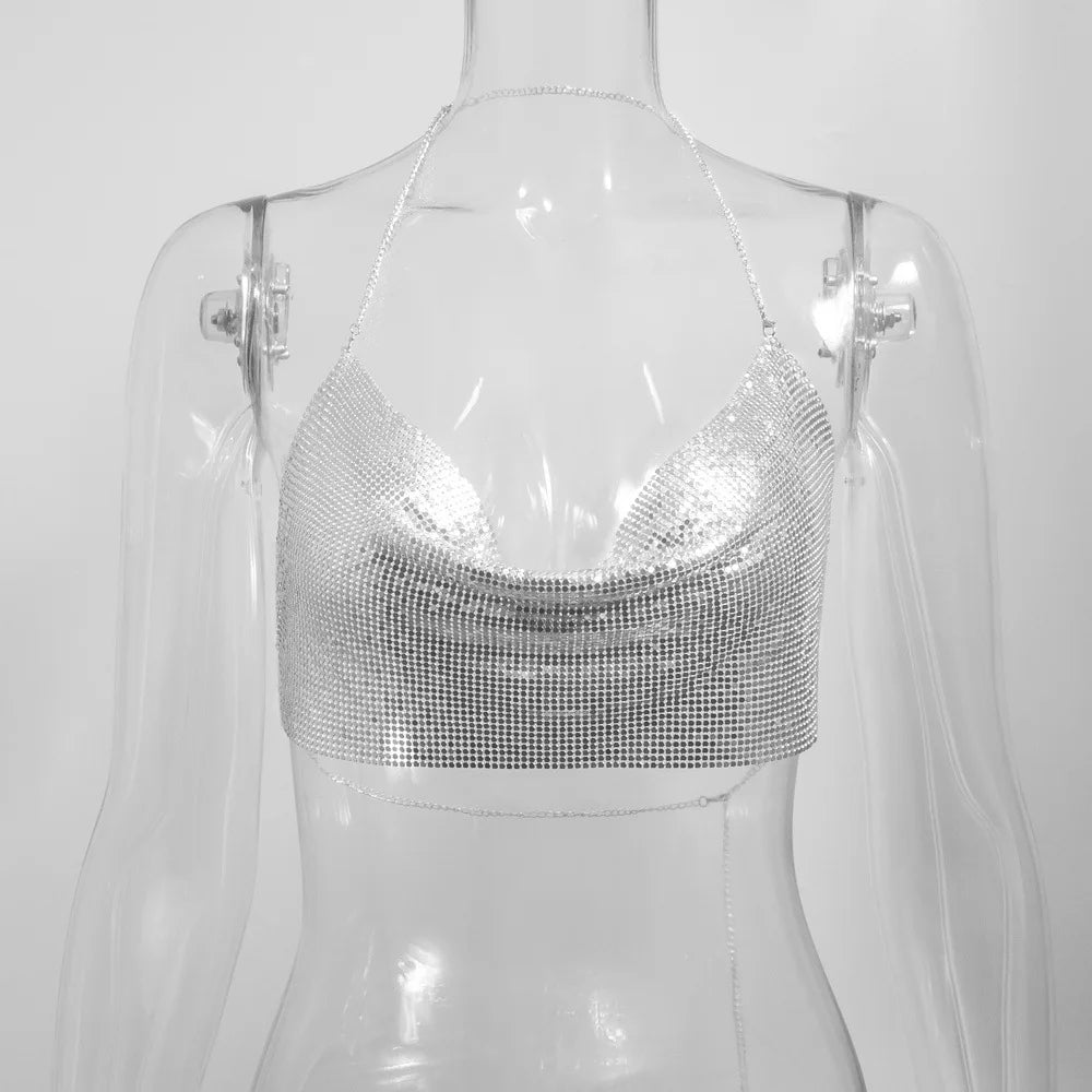 Electra Metallic Sequin Halter Backless Crop Top One-piece