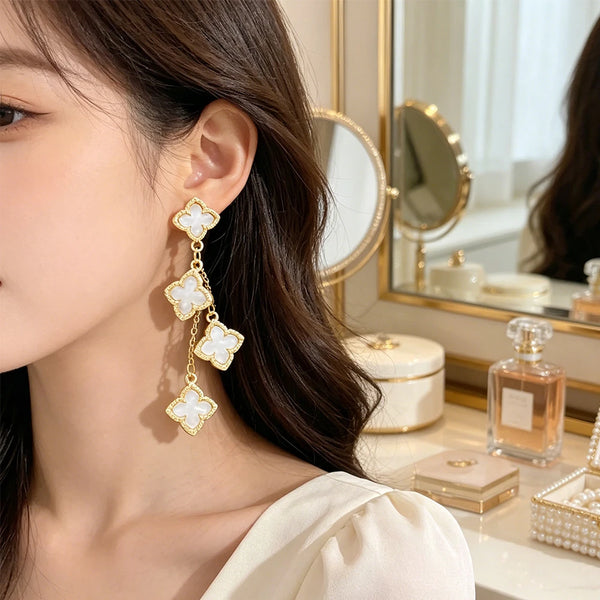 Camellia Shell-Inlay Clover Drop Earrings