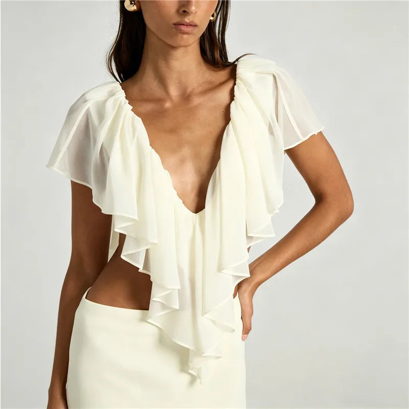 hirigin French Coquette Ruffle Blouse V Neck Open Back Flowy Short Sleeve Top with Tiered Layers Date Night Party Summer Outfits