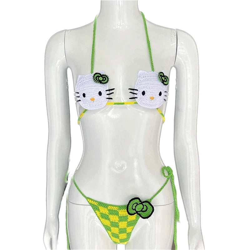 Cute Hello Kitty Ladys Sexy Swimsuit Crochet Bikinis Set Sanrio 2Pcs Womens Swimming Suit Micro Bikini Thongs Bathing Suit Beach