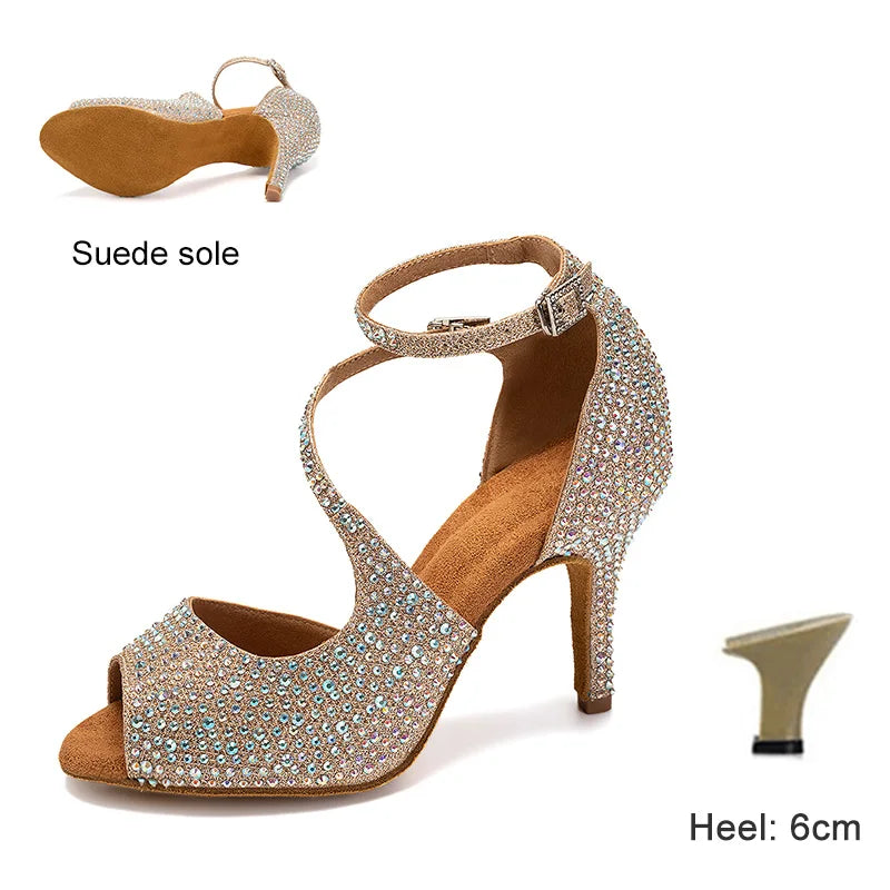 DKZSYIM Latin Dance Shoes For Women Ballroom Tango Rhinestones Dancing Shoes High Heels Black/Silver/Gold Women's Wedding Shoes