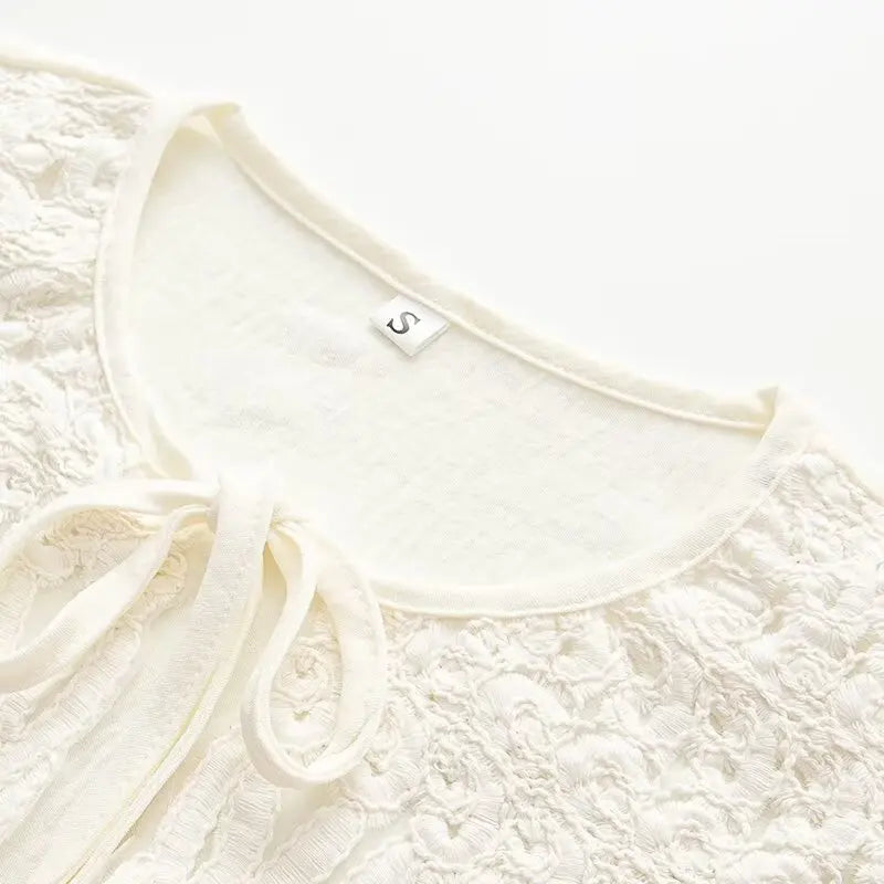Evangelina Embroidered Lace Bell-Sleeve Tie-Neck Blouse & Mini Skirt Two-piece
