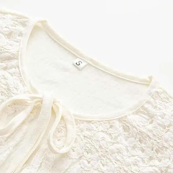 Evangelina Embroidered Lace Bell-Sleeve Tie-Neck Blouse & Mini Skirt Two-piece