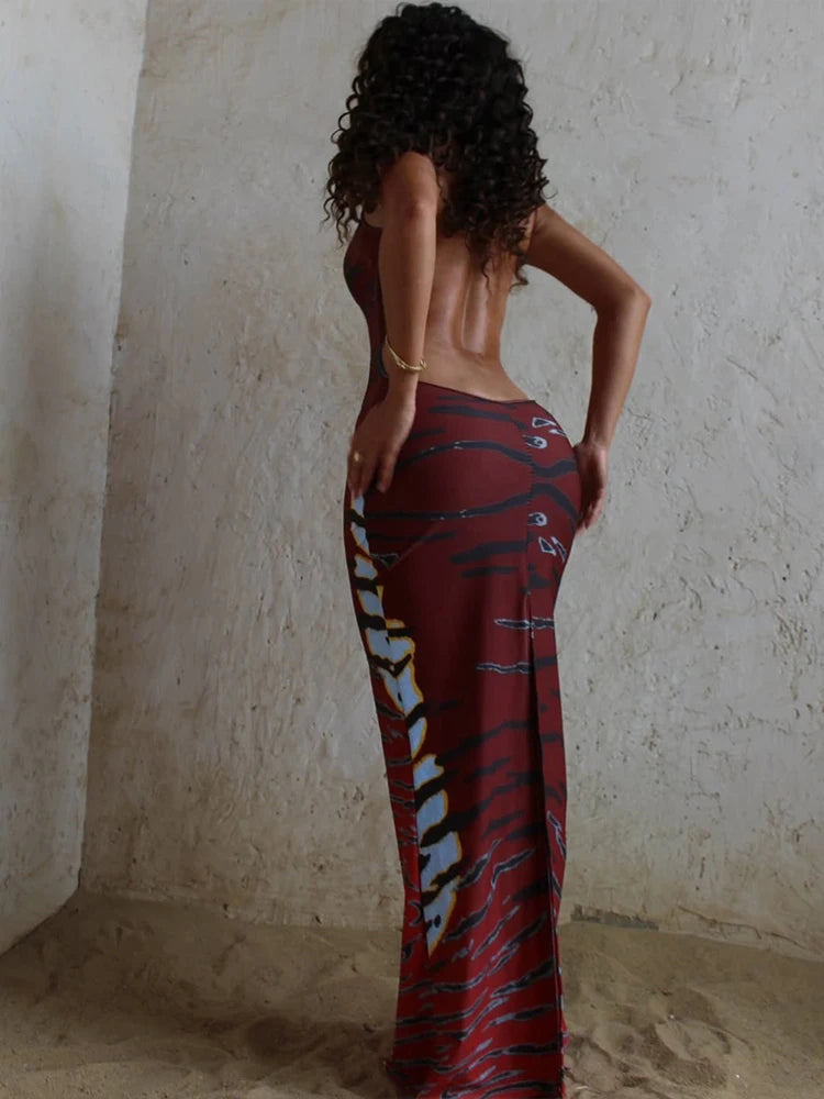 Tigrana Tiger Stripe Print Backless Bodycon Cami Maxi Dress