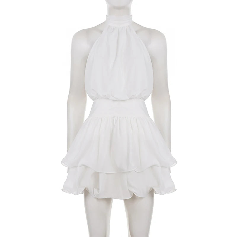Zahara White Layered Halter A-Line Mini Dress