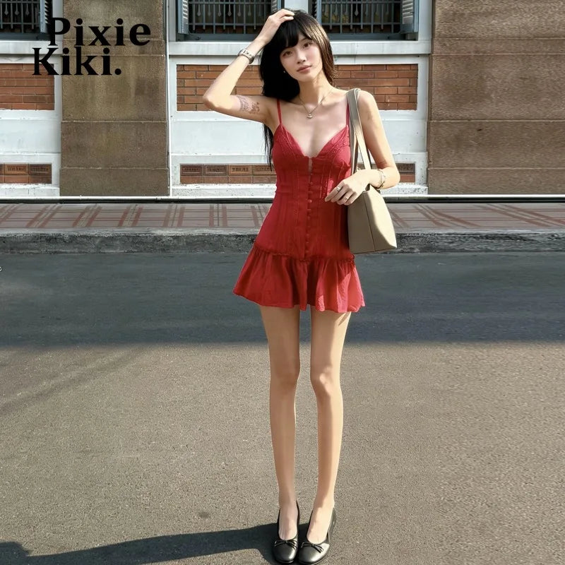 PixieKiki Spaghetti Strap Deep V Neck Pleated Mini Dress Sexy Red Summer Dresses Trendy Clothes Woman 2026 P33-EE12