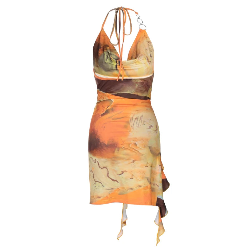 Eliana Scenery-Print Halter Ruffle Mini Dress