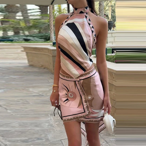 Briseis Printed Halter Top, Shorts & Asymmetric Skirt Three-piece