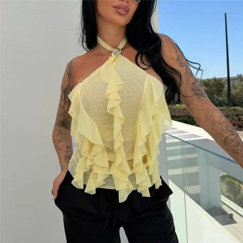 hirigin Women Halter Neck Ruffle Mesh Top Sexy Sheer See Through Backless Blouse with Rhinestone Buckle for Club Party Night Out