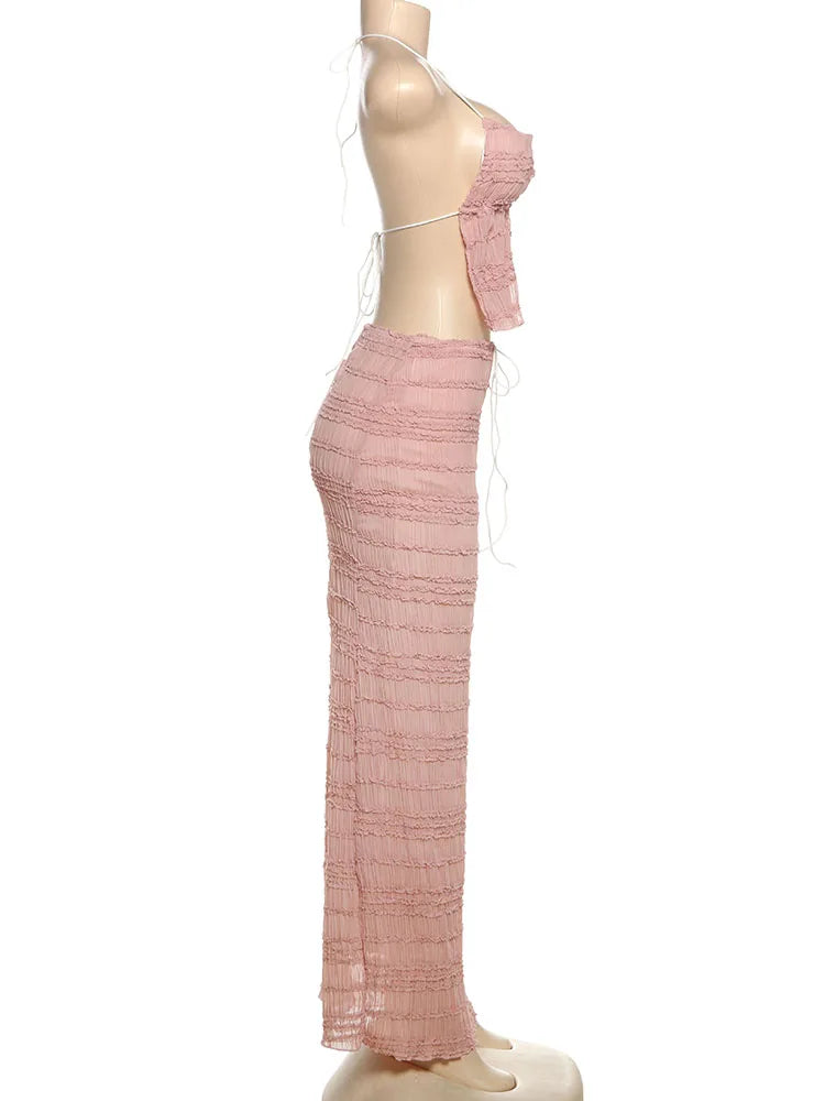 Oksana Sheer Crinkle Mesh Halter Lace-Up Crop Top & Maxi Skirt Two-piece