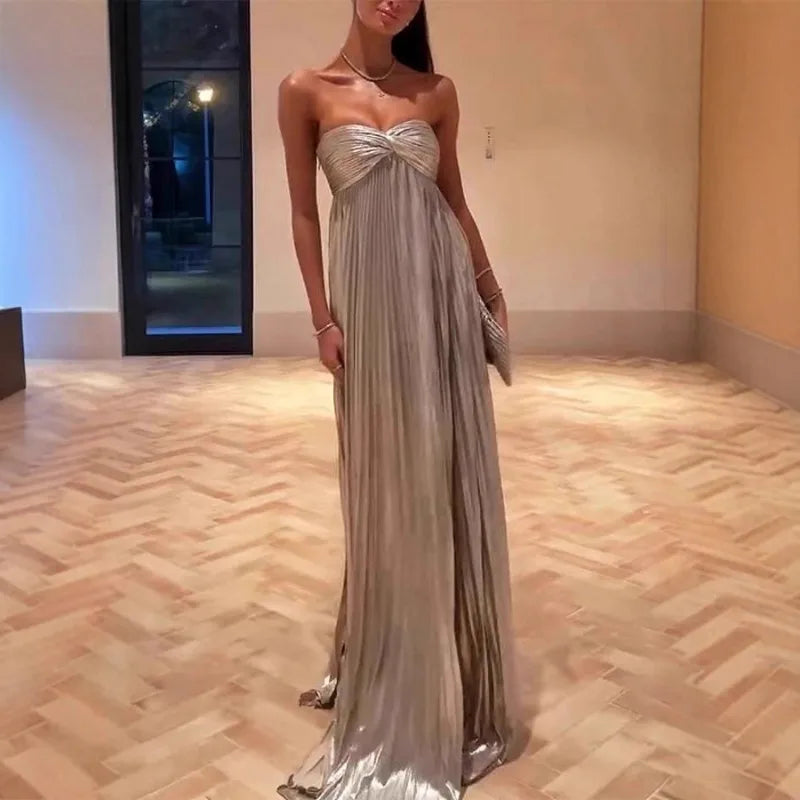 Alina Gold Pleated Halter Maxi Dress