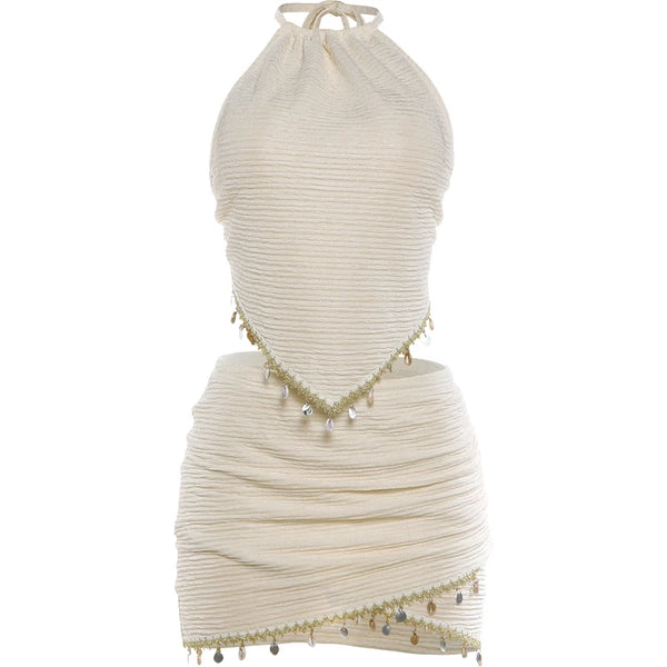 Kliou Tassel Decoration 2 Piece Set Woman Lace-UP Halter Backless Tank Tops+Skinny Mini Skirts Beach Party Sexy Fashion Outfits