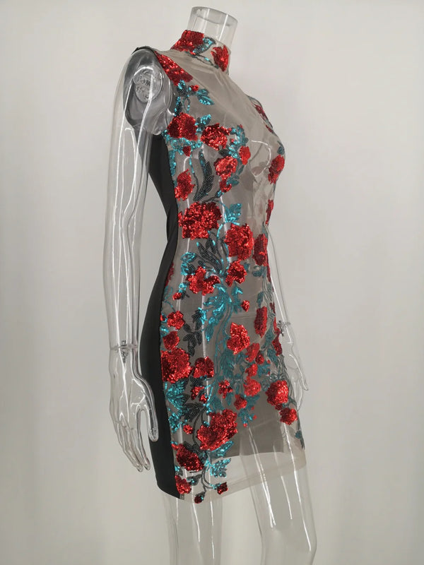 Iseult Sheer Mesh Floral Sequin Plunge Bodycon Mini Dress