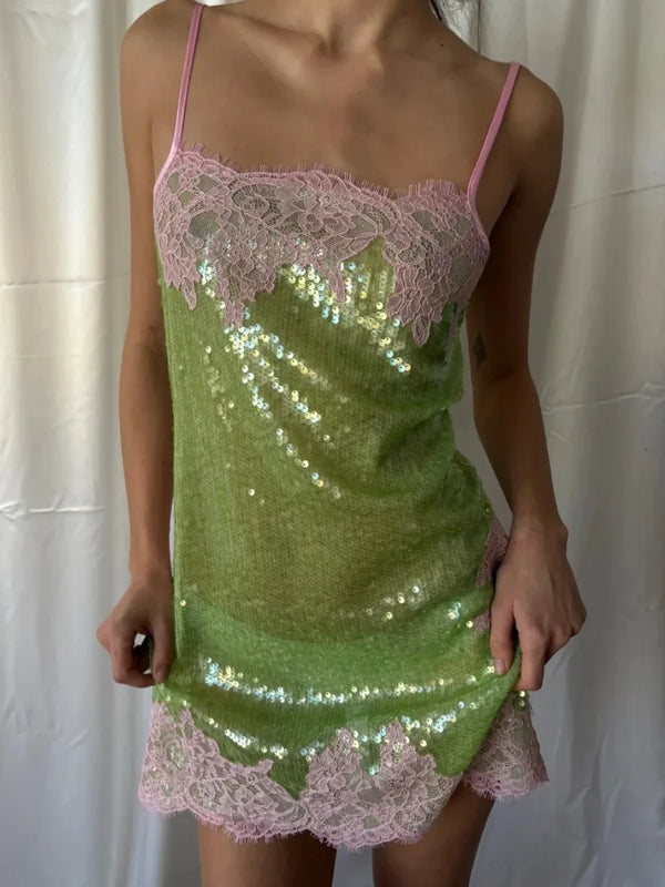 Rosette Sequin Lace-Trim Mini Dress