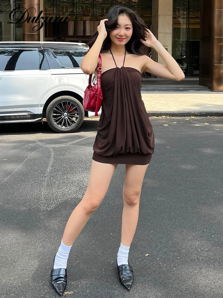 Noemi Ruched Halter Backless Mini Dress