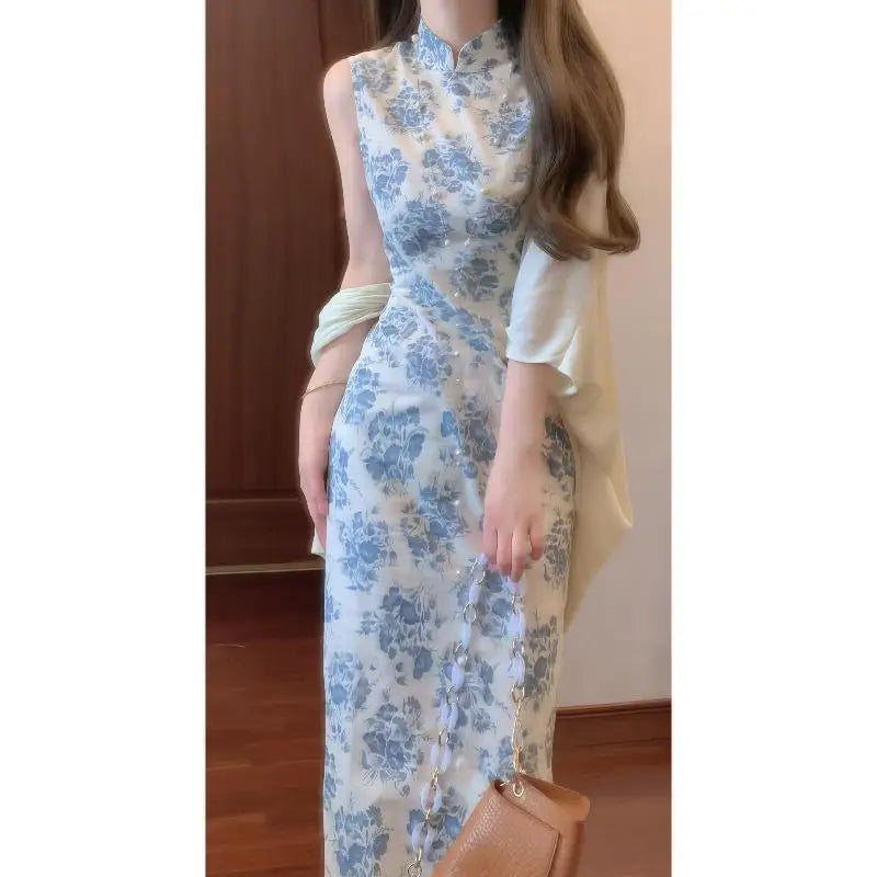 Jing Blue Porcelain Qipao Maxi Dress or Cape