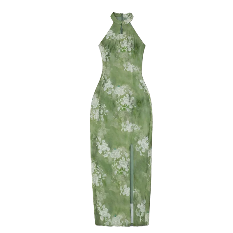Qing Green Halter Modern Qipao Maxi Dress