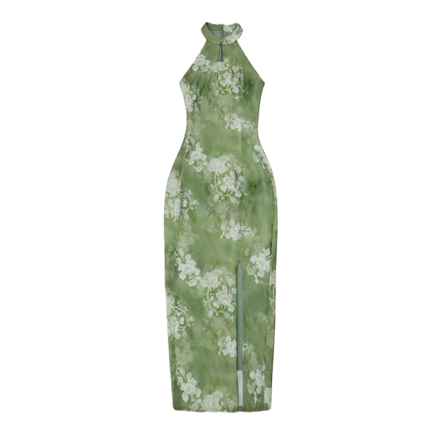 Qing Green Halter Modern Qipao Maxi Dress