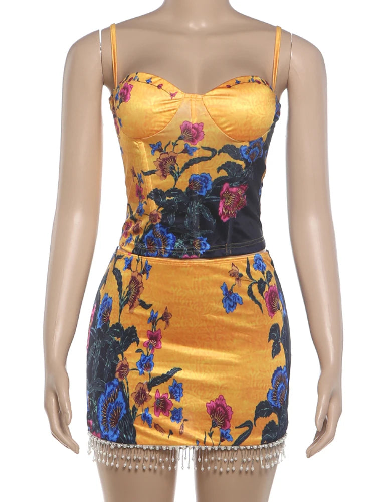 Guinevere Floral Fringe Beaded Mini Skirt Set Two-piece