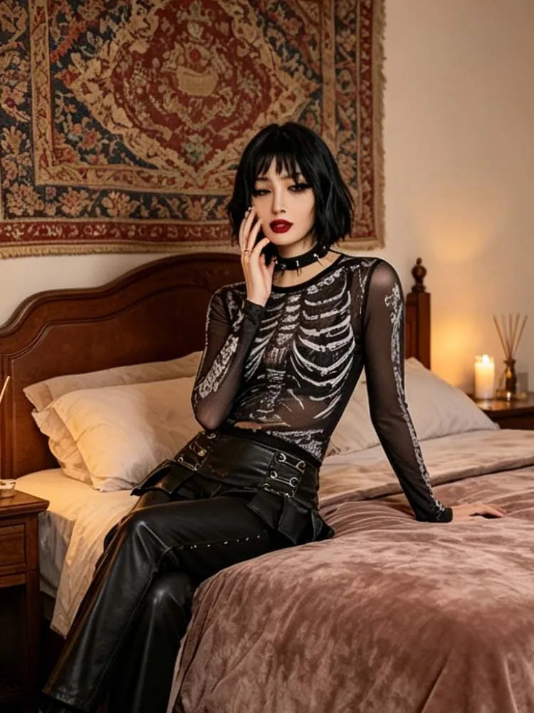Morticia Skeleton Print Sheer Mesh Long-Sleeve Top One-piece