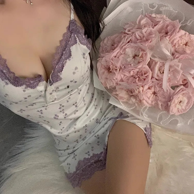 Cerise Cherry-Print Lace-Trim Nightgown Lingerie