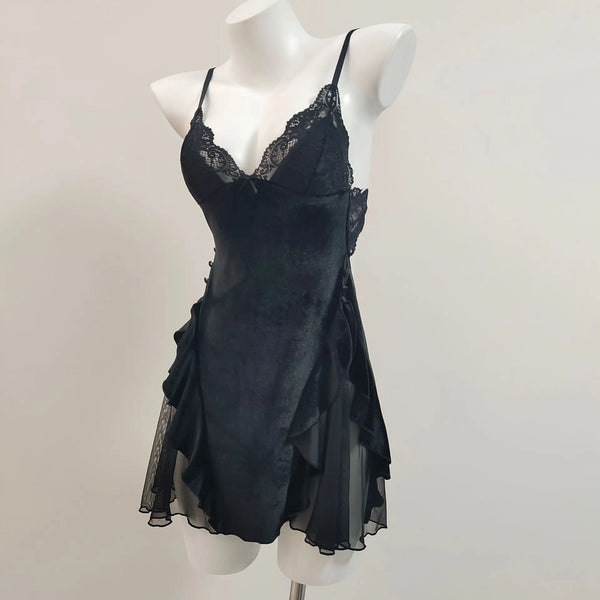 Noelle Lace-Trim Velvet Ruffle Backless Mini Nightgown