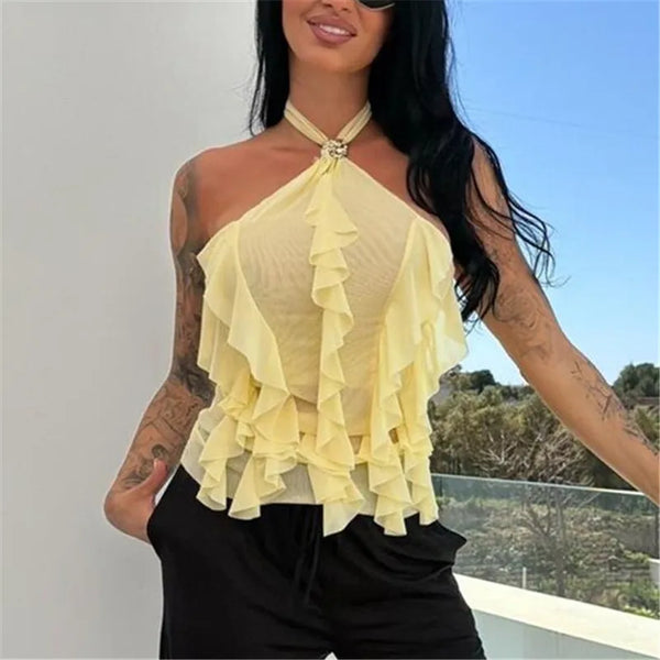 hirigin Women Halter Neck Ruffle Mesh Top Sexy Sheer See Through Backless Blouse with Rhinestone Buckle for Club Party Night Out