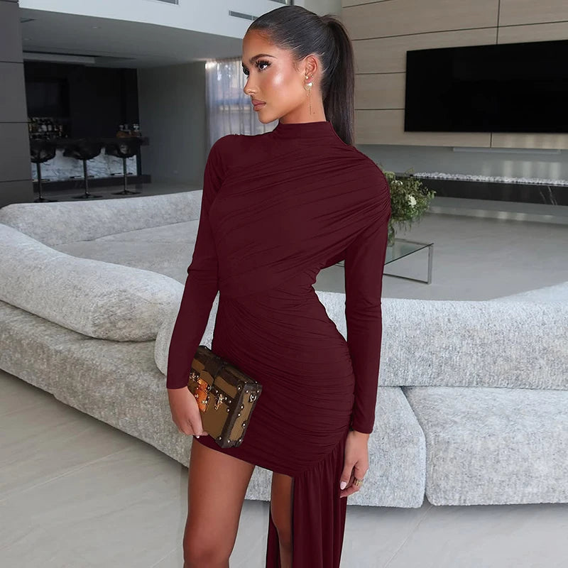 Kaia Ruched Turtleneck Long-Sleeve Mini Dress