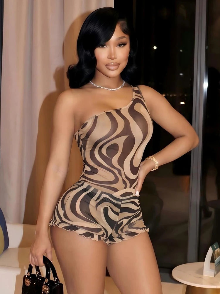 Mocha Wavy-Print Ruffle Shorts Set Two-piece